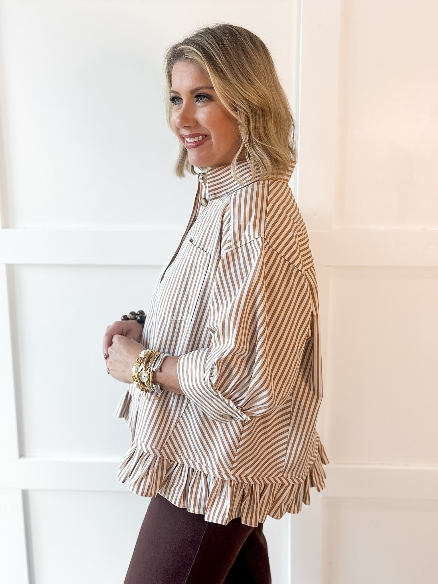 Ruffled Hem Striped Button Jacket