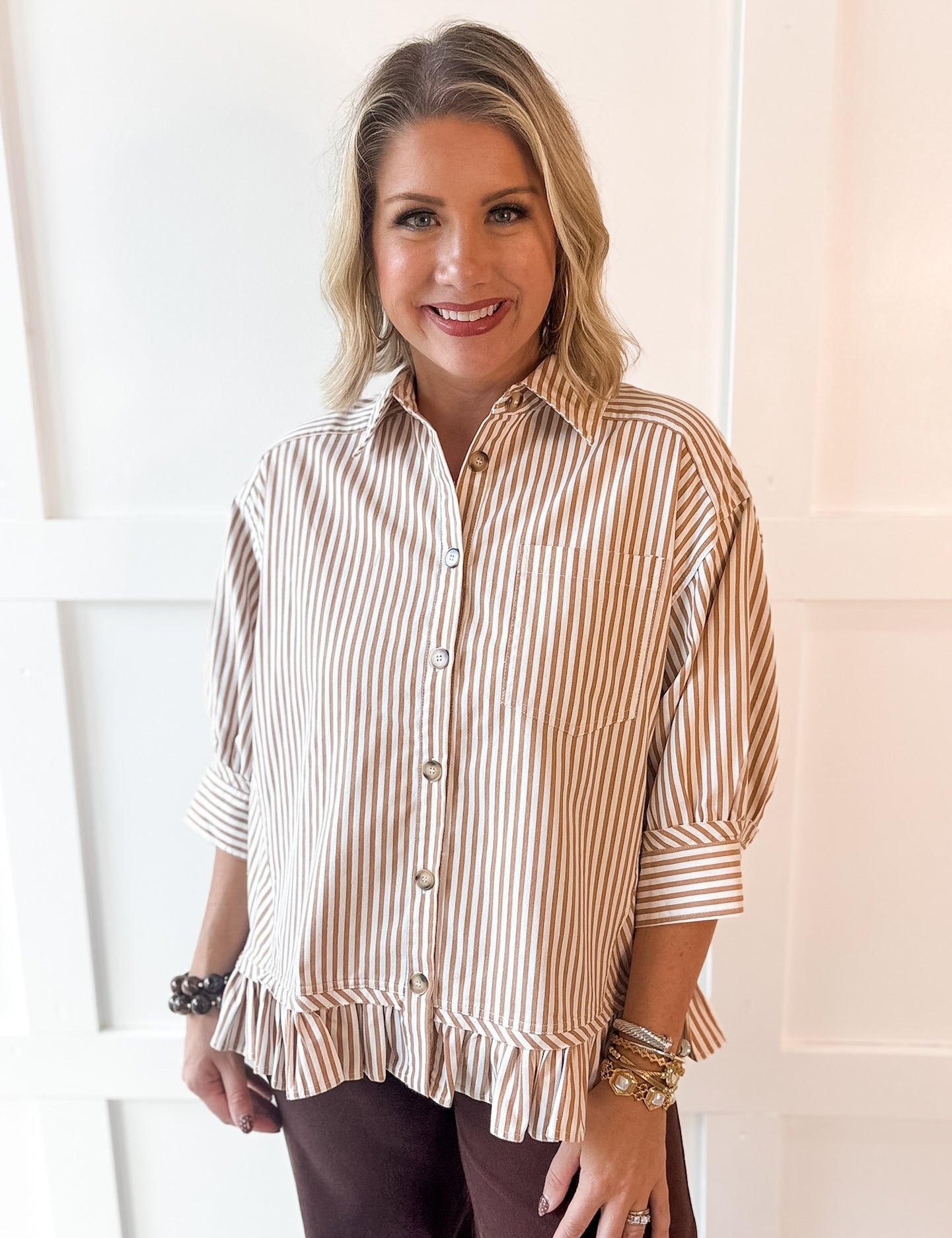 Ruffled Hem Striped Button Jacket