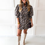 Ruffled Neck Adjustable Waist Mini Dress- Brown