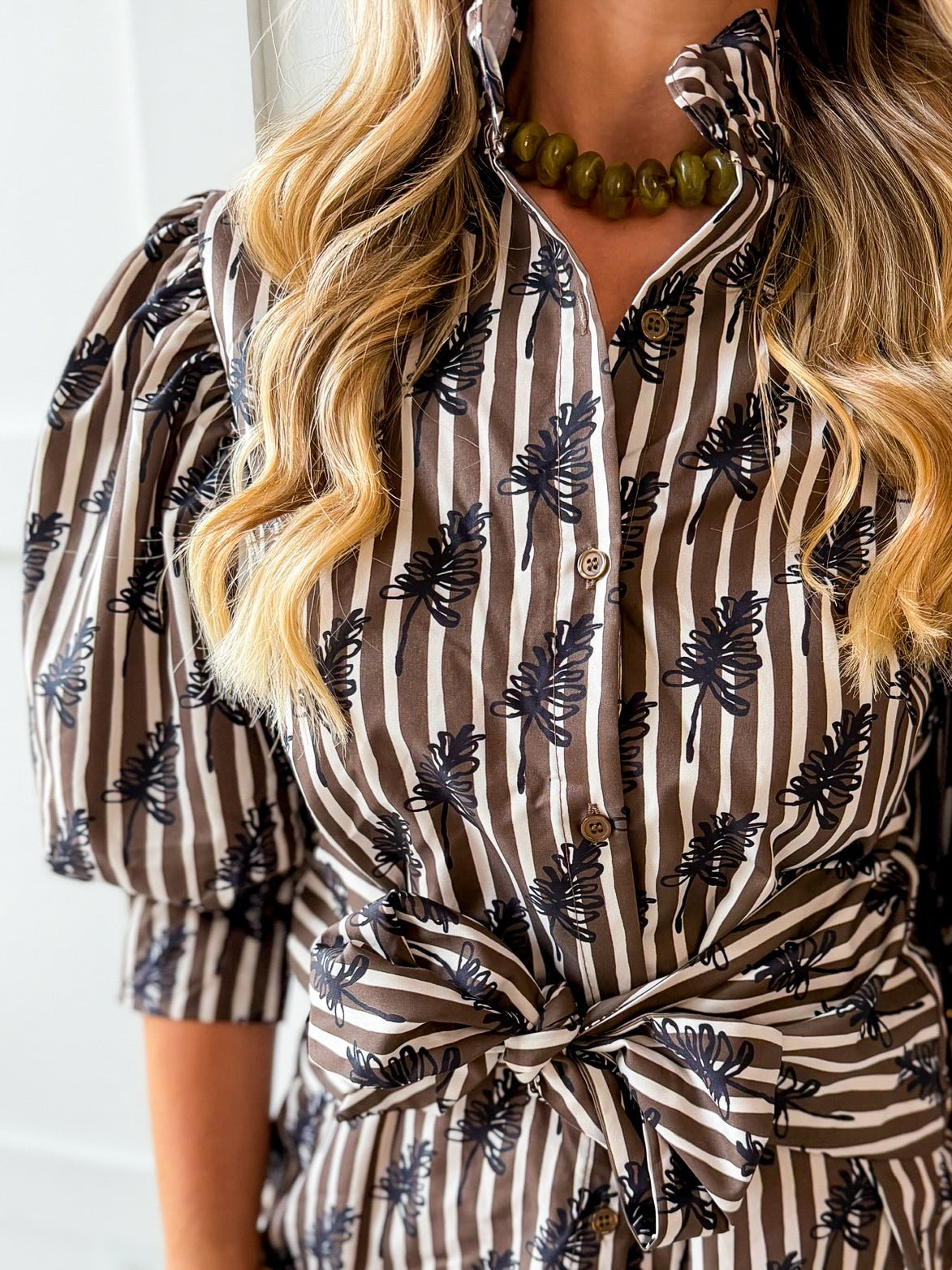 Ruffled Neck Adjustable Waist Mini Dress- Brown