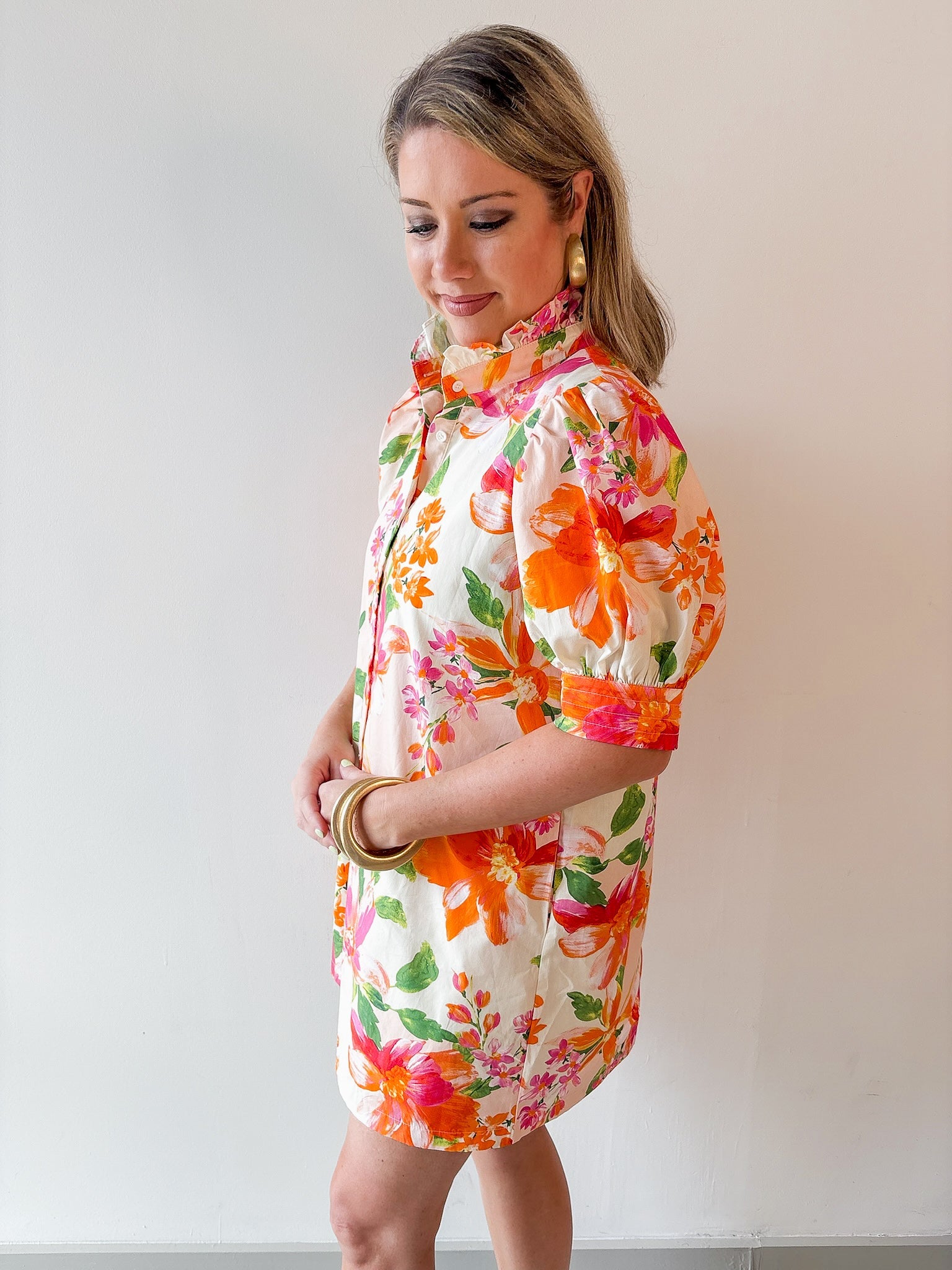 Ruffled Neck Shirt Dress