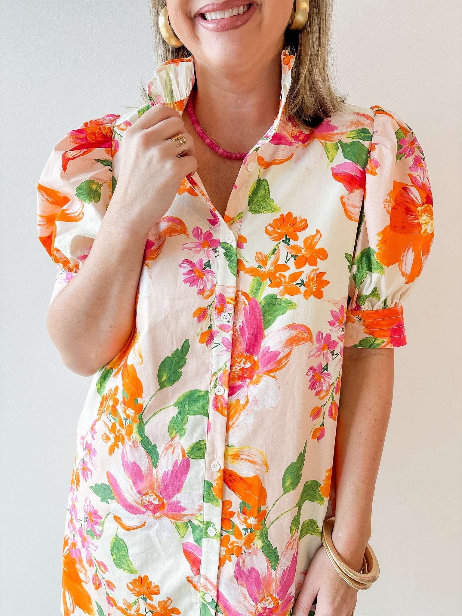 Ruffled Neck Shirt Dress