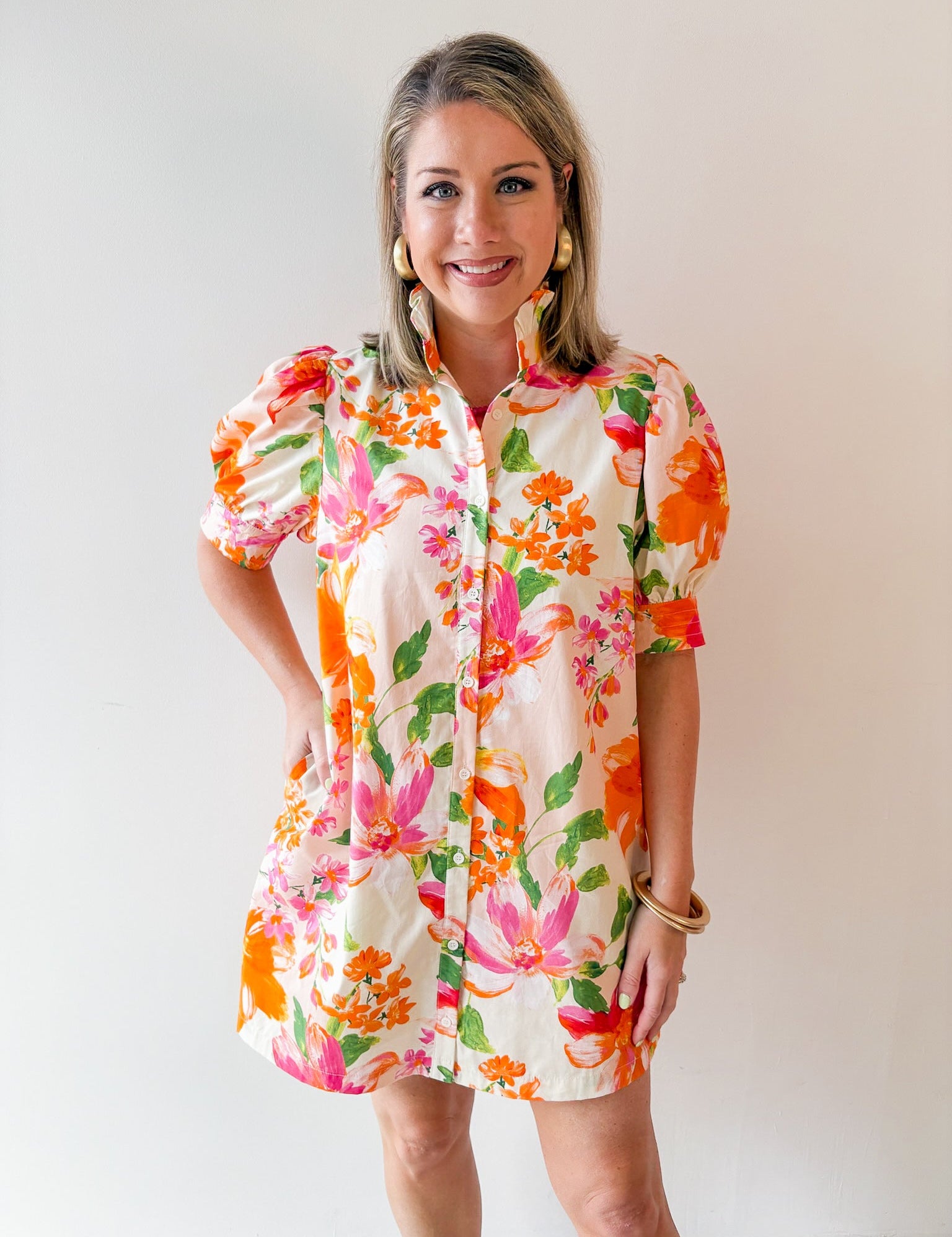 Ruffled Neck Shirt Dress