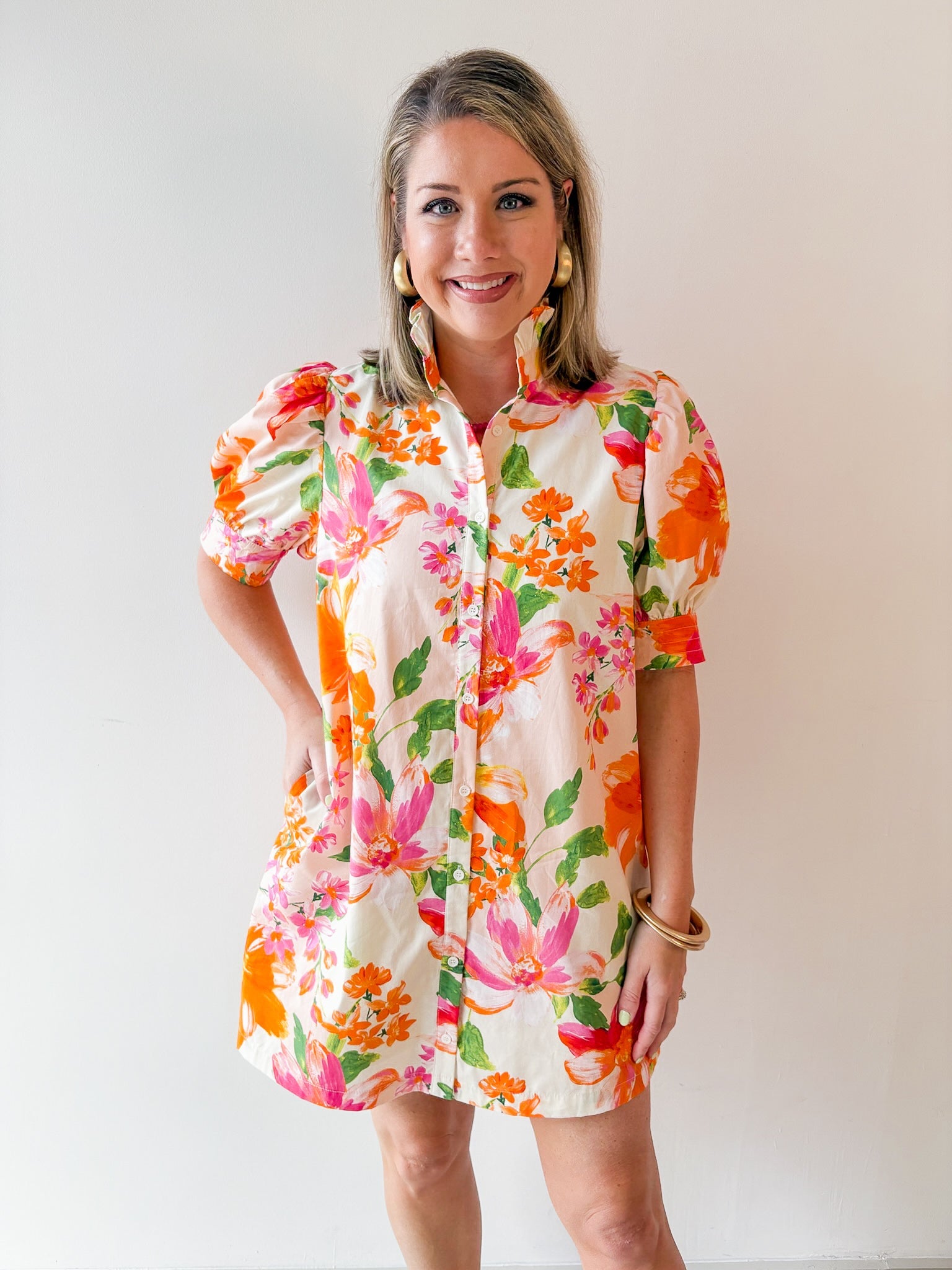 Ruffled Neck Shirt Dress