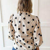 Ruffled Neckline Button Down Polka Dot Top