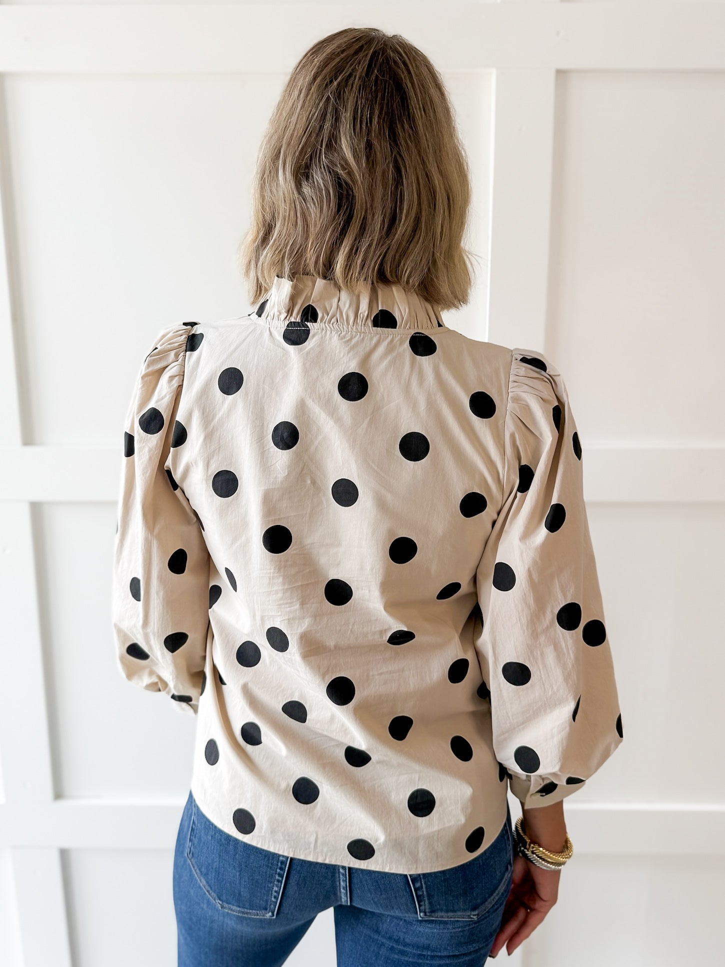 Ruffled Neckline Button Down Polka Dot Top
