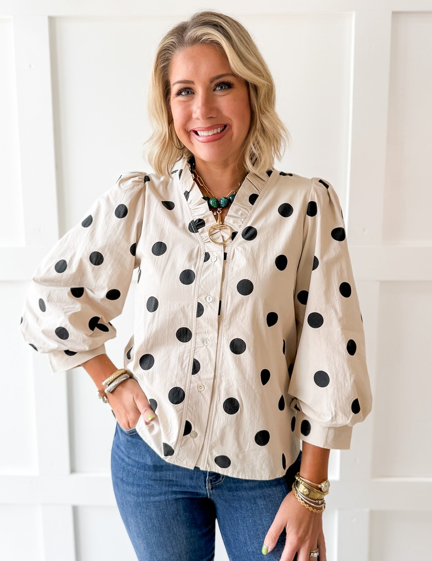 Ruffled Neckline Button Down Polka Dot Top