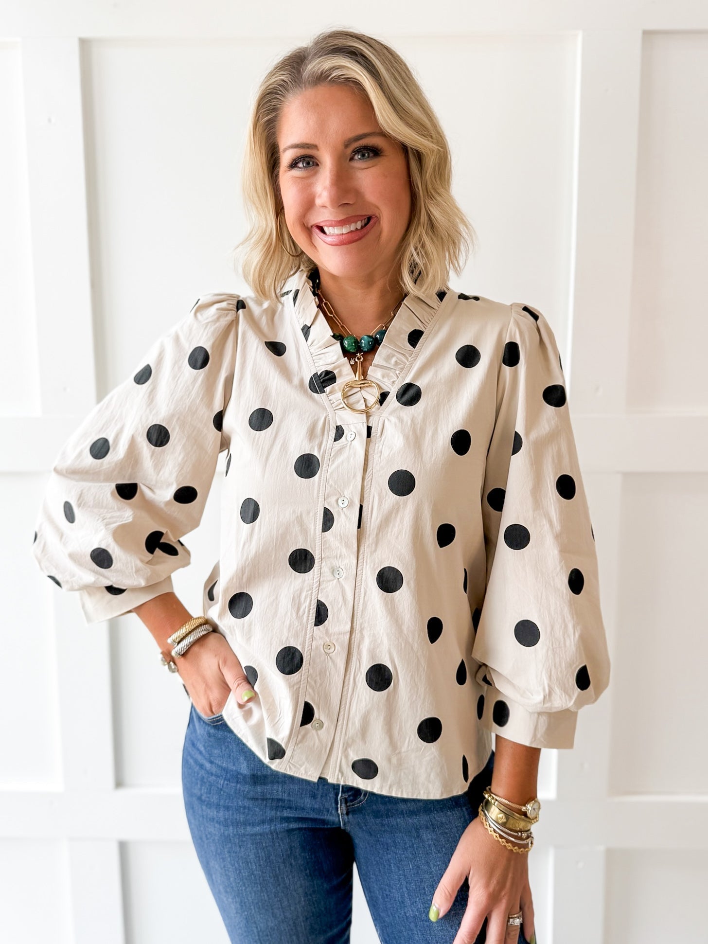 Ruffled Neckline Button Down Polka Dot Top