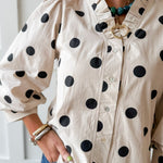 Ruffled Neckline Button Down Polka Dot Top