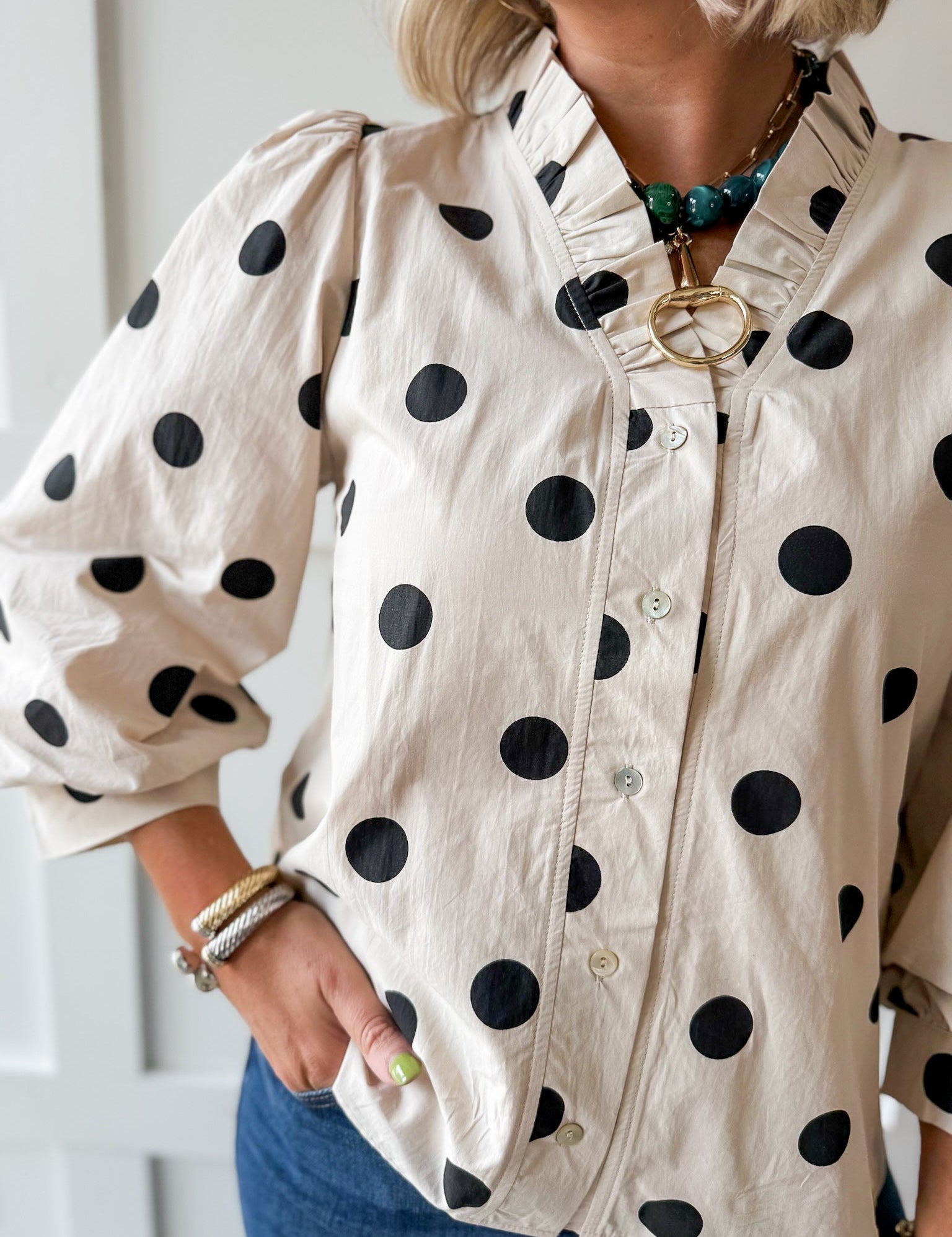 Ruffled Neckline Button Down Polka Dot Top