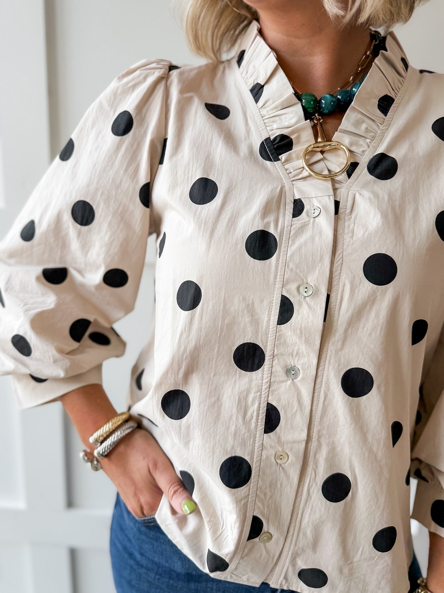 Ruffled Neckline Button Down Polka Dot Top