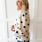 Ruffled Neckline Button Down Polka Dot Top