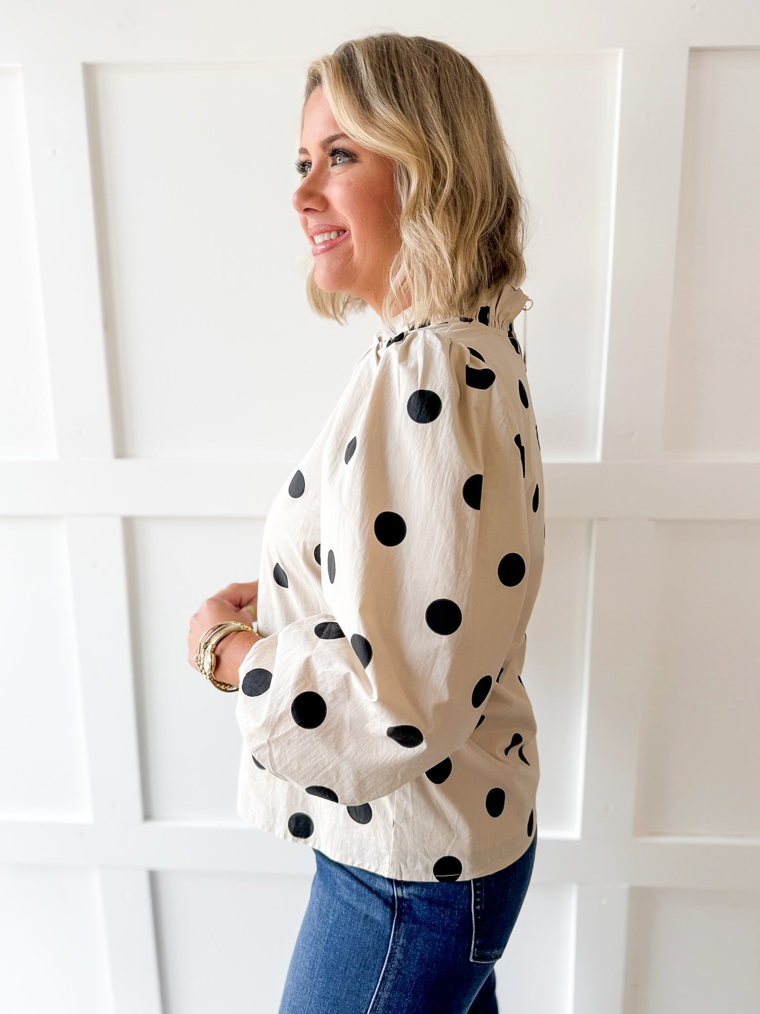 Ruffled Neckline Button Down Polka Dot Top