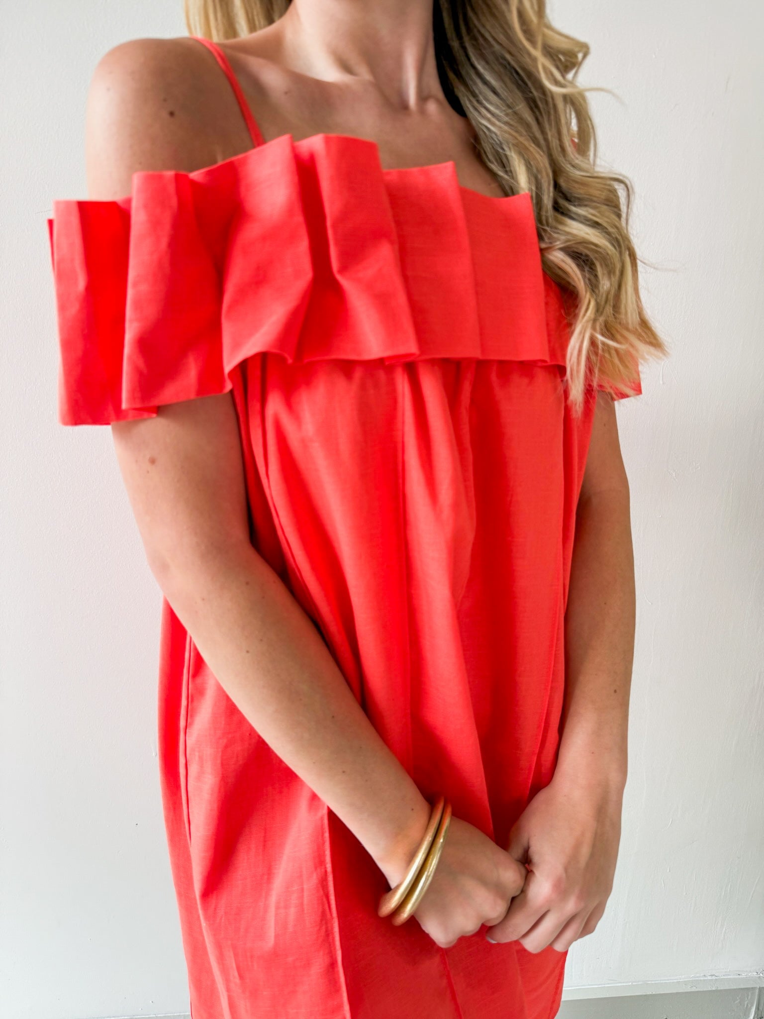 Ruffled Off Shoulder Dress - Orange