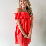 Ruffled Off Shoulder Dress - Orange