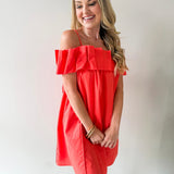 Ruffled Off Shoulder Dress - Orange