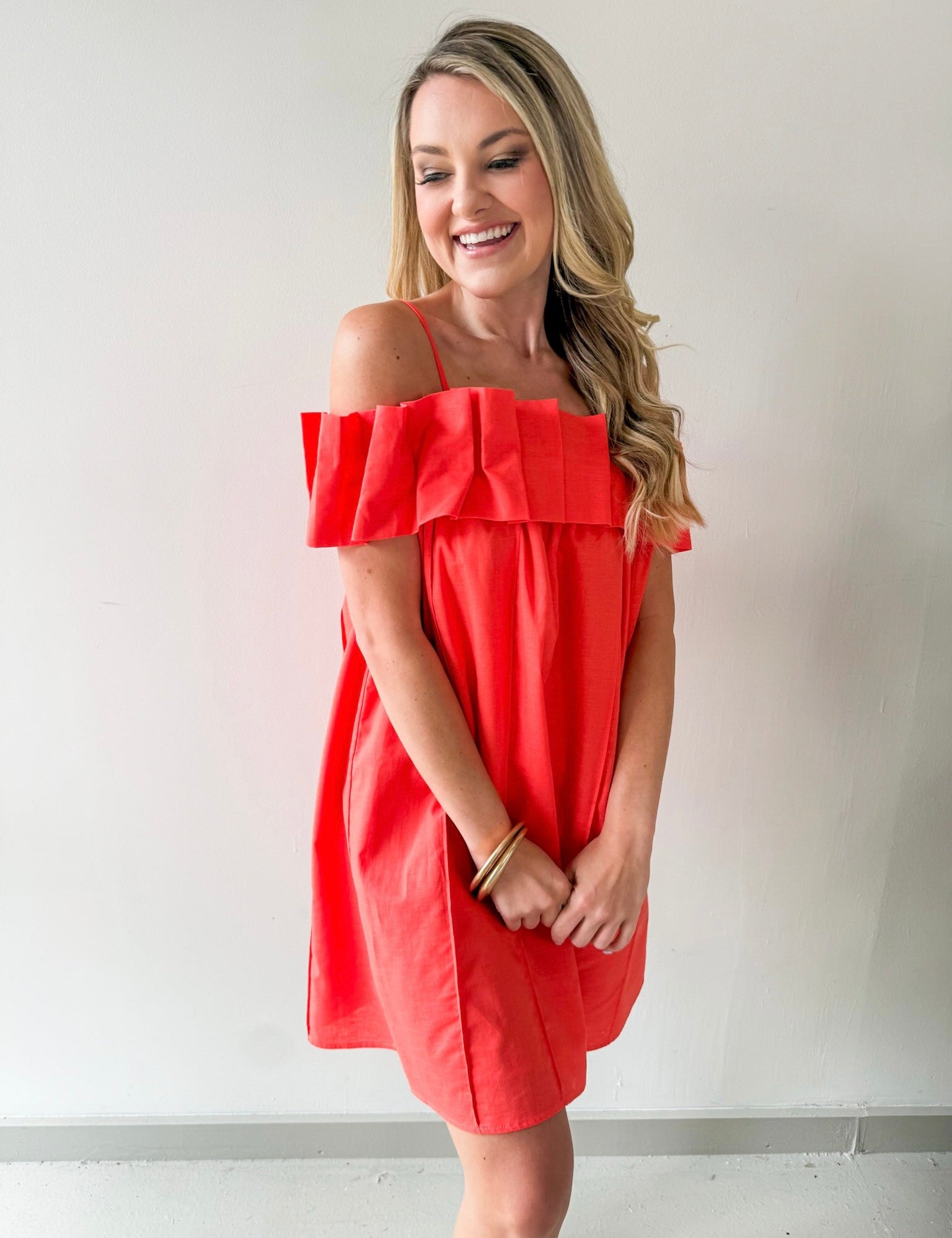 Ruffled Off Shoulder Dress - Orange