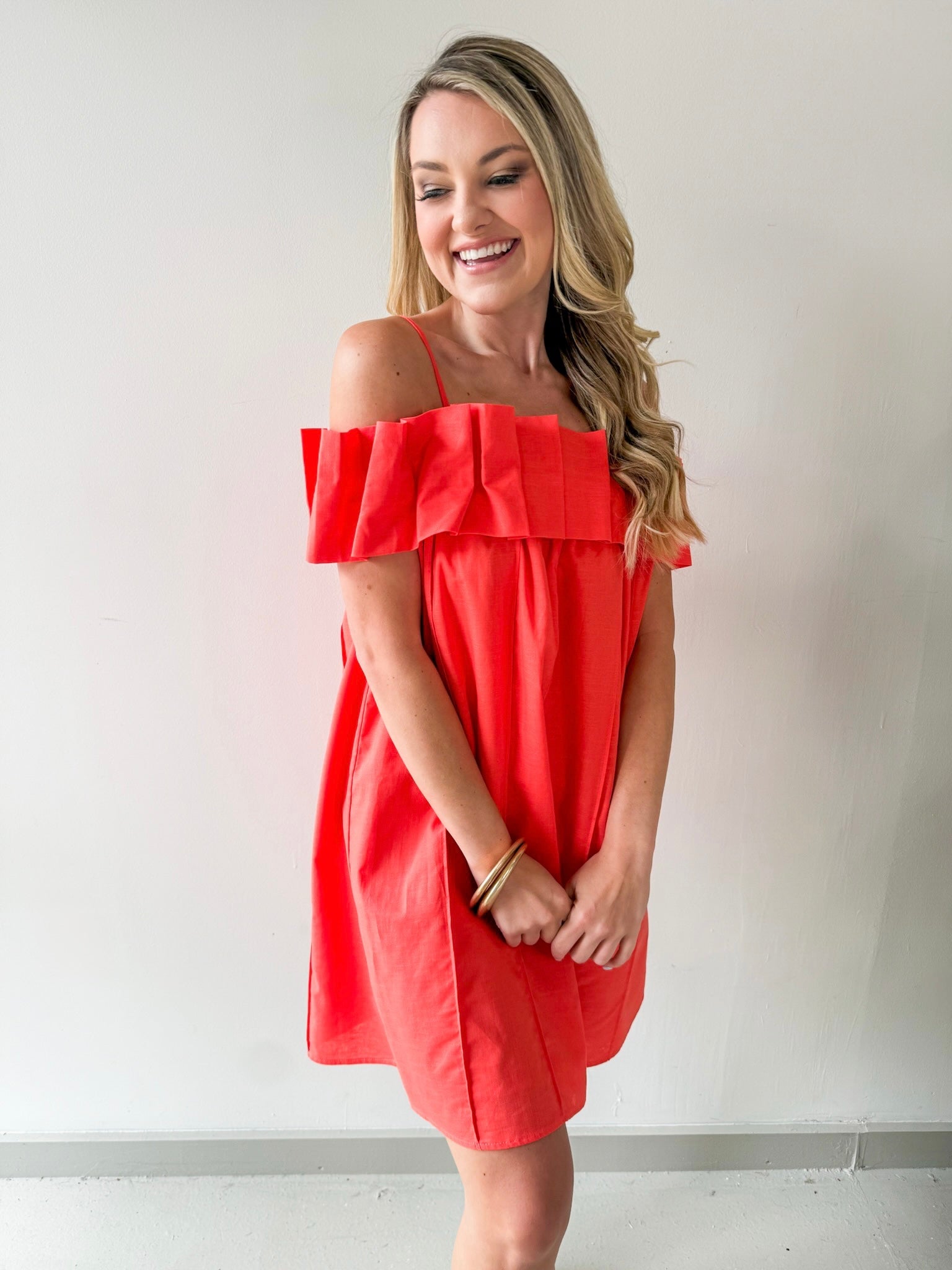Ruffled Off Shoulder Dress - Orange