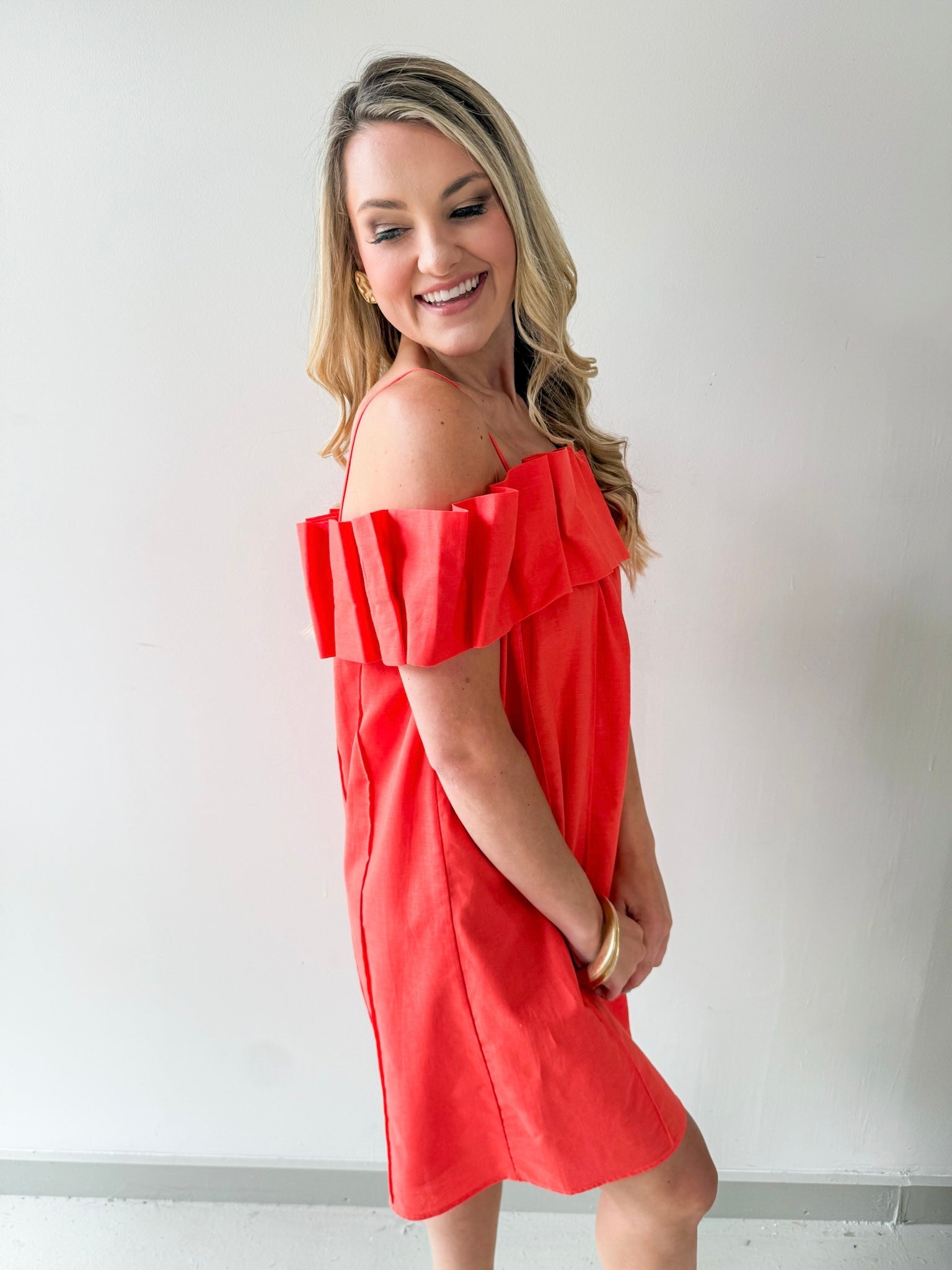 Ruffled Off Shoulder Dress - Orange