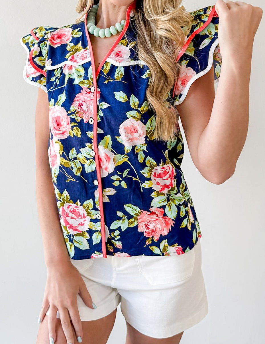 Ruffled Sleeves Button Down Floral Top
