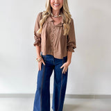 Ruffled V Neck Button Blouse - Brown