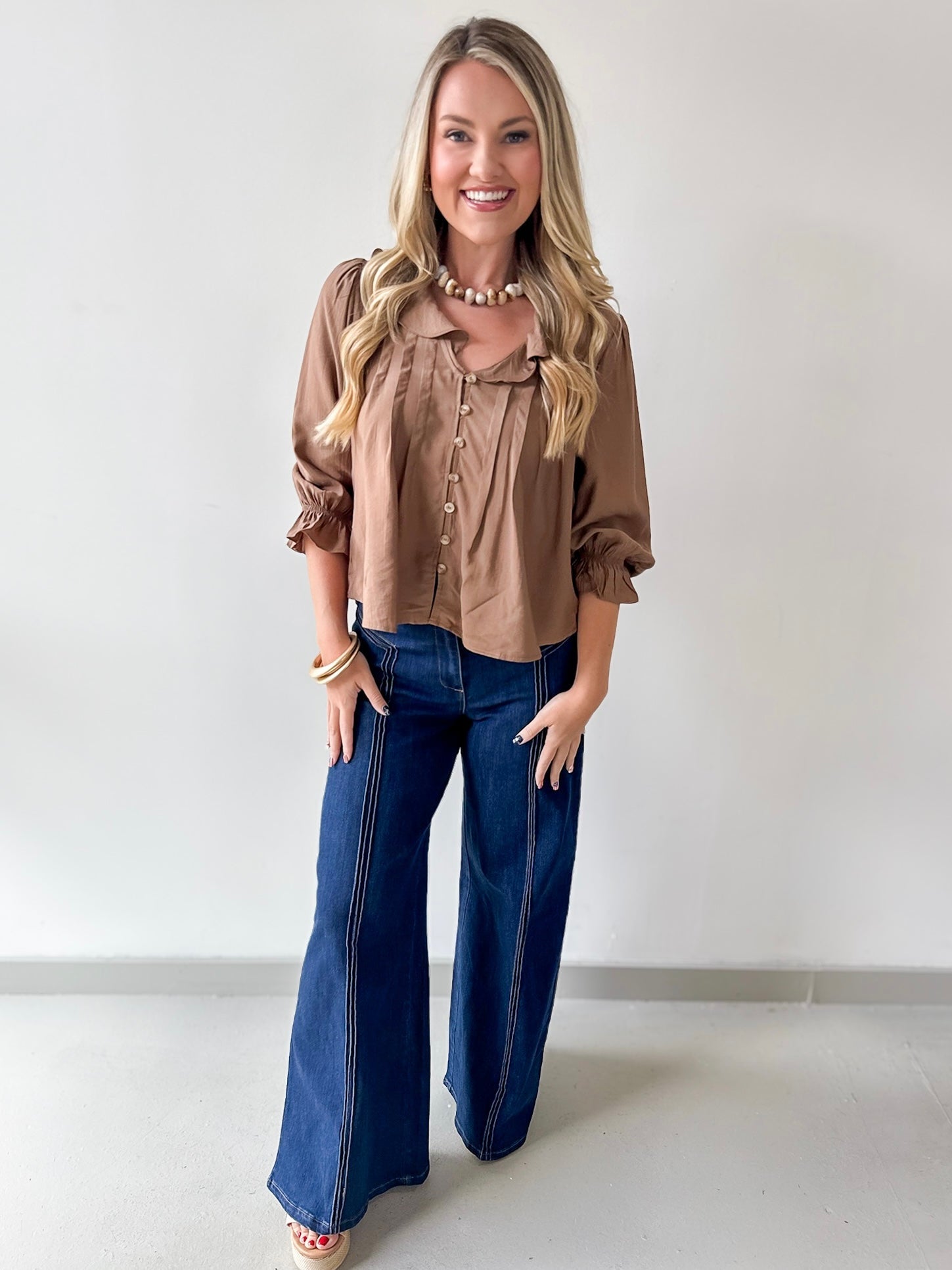 Ruffled V Neck Button Blouse - Brown