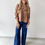 Ruffled V Neck Button Blouse - Brown