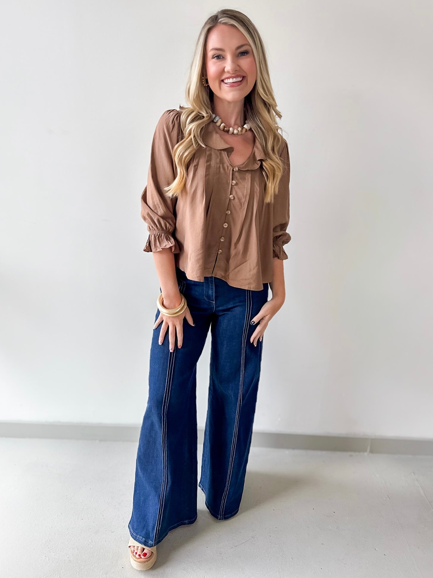 Ruffled V Neck Button Blouse - Brown