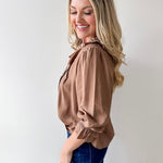 Ruffled V Neck Button Blouse - Brown