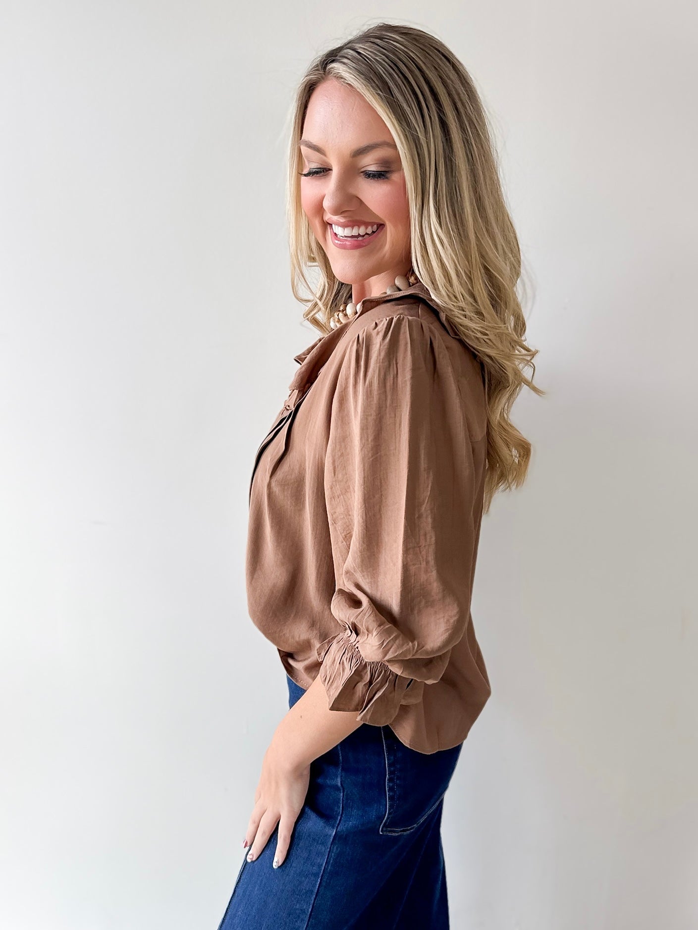 Ruffled V Neck Button Blouse - Brown