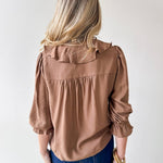 Ruffled V Neck Button Blouse - Brown