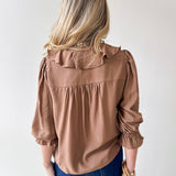 Ruffled V Neck Button Blouse - Brown