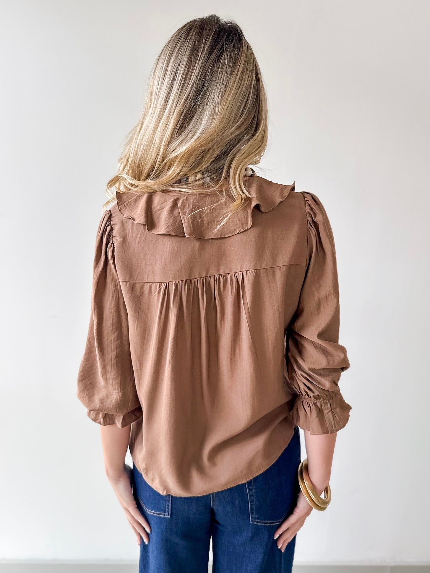 Ruffled V Neck Button Blouse - Brown