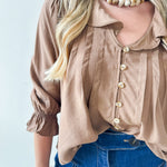 Ruffled V Neck Button Blouse - Brown
