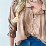 Ruffled V Neck Button Blouse - Brown
