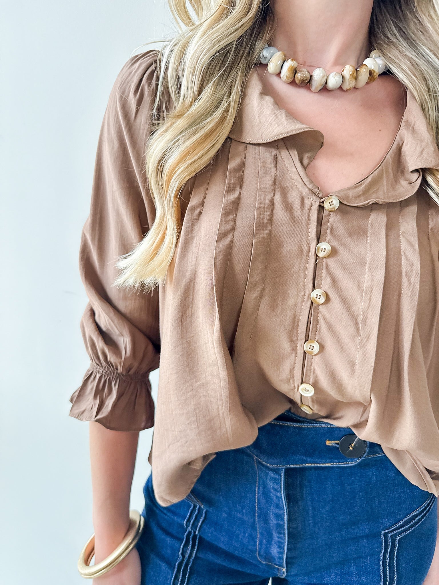 Ruffled V Neck Button Blouse - Brown