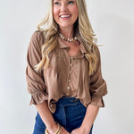 Ruffled V Neck Button Blouse - Brown