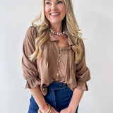 Ruffled V Neck Button Blouse - Brown