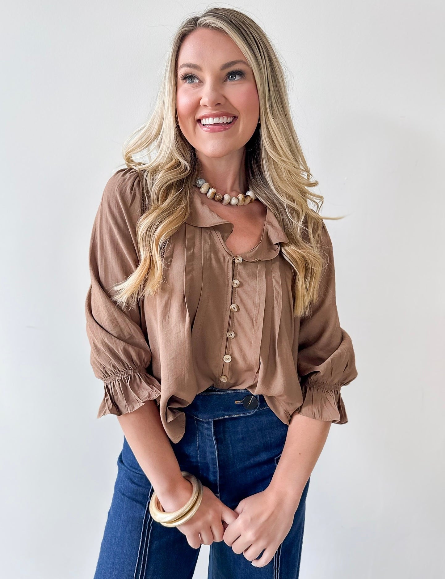 Ruffled V Neck Button Blouse - Brown