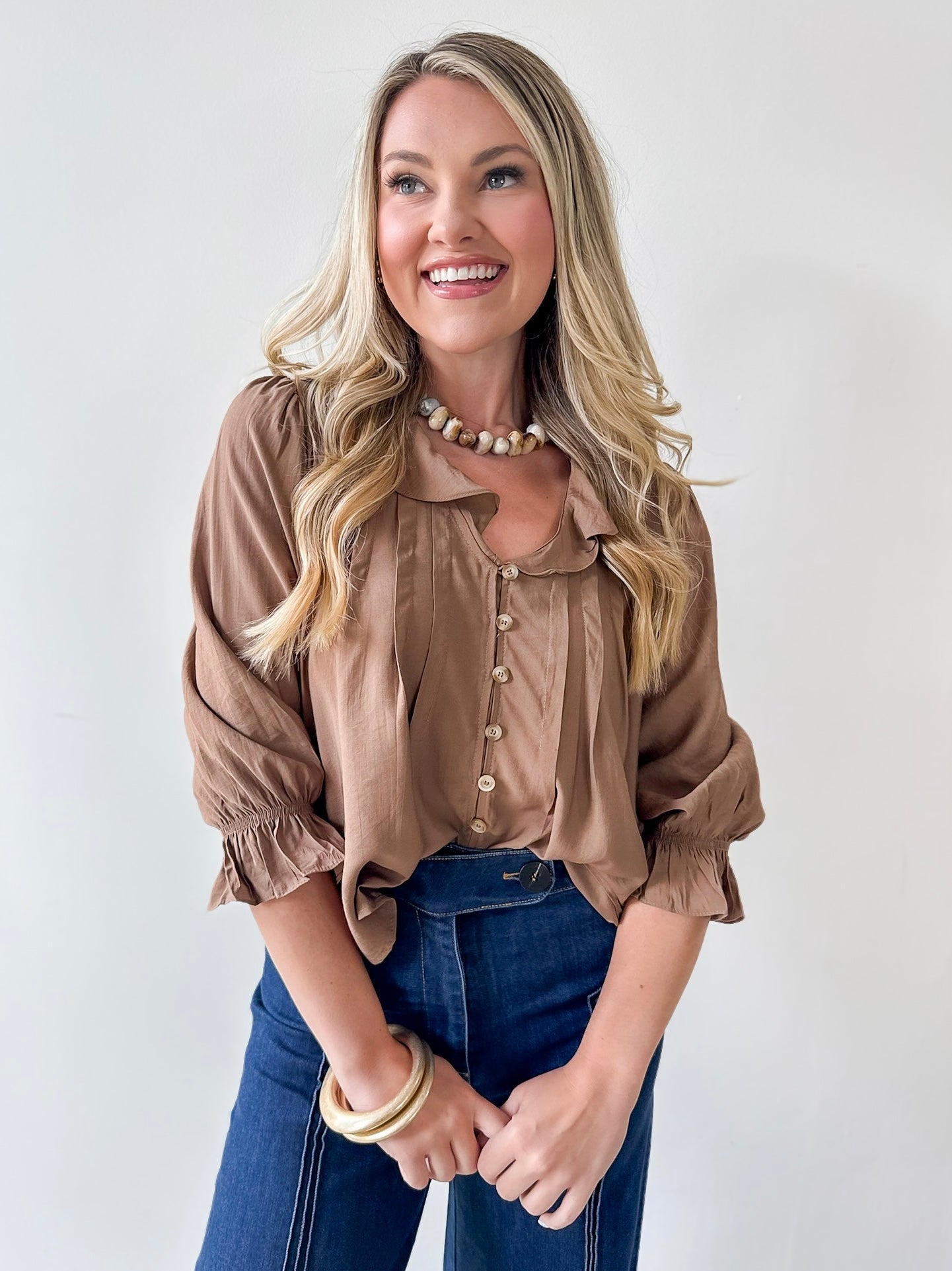 Ruffled V Neck Button Blouse - Brown