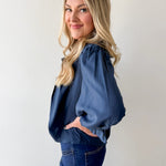 Ruffled V Neck Button Blouse - Navy