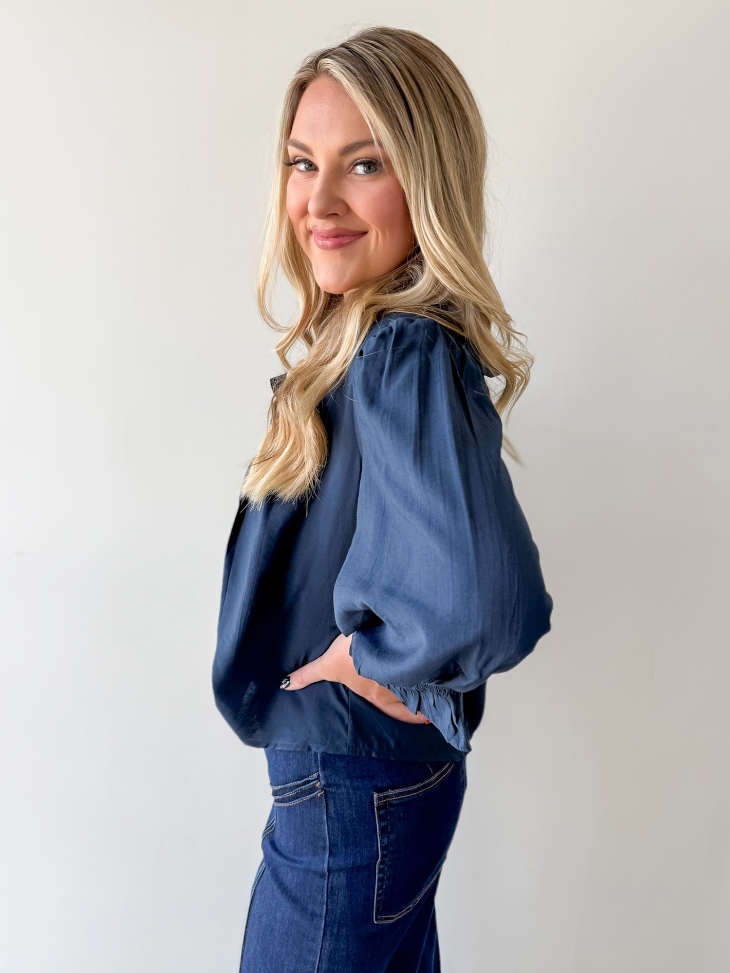 Ruffled V Neck Button Blouse - Navy