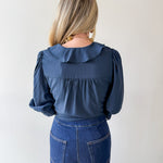 Ruffled V Neck Button Blouse - Navy