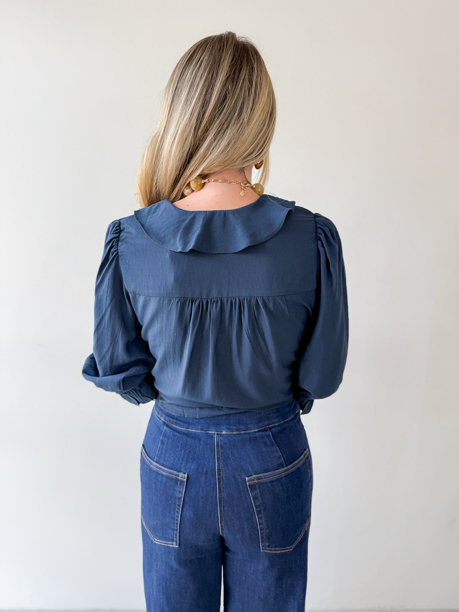 Ruffled V Neck Button Blouse - Navy