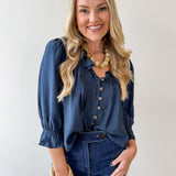 Ruffled V Neck Button Blouse - Navy