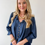 Ruffled V Neck Button Blouse - Navy