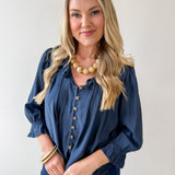 Ruffled V Neck Button Blouse - Navy