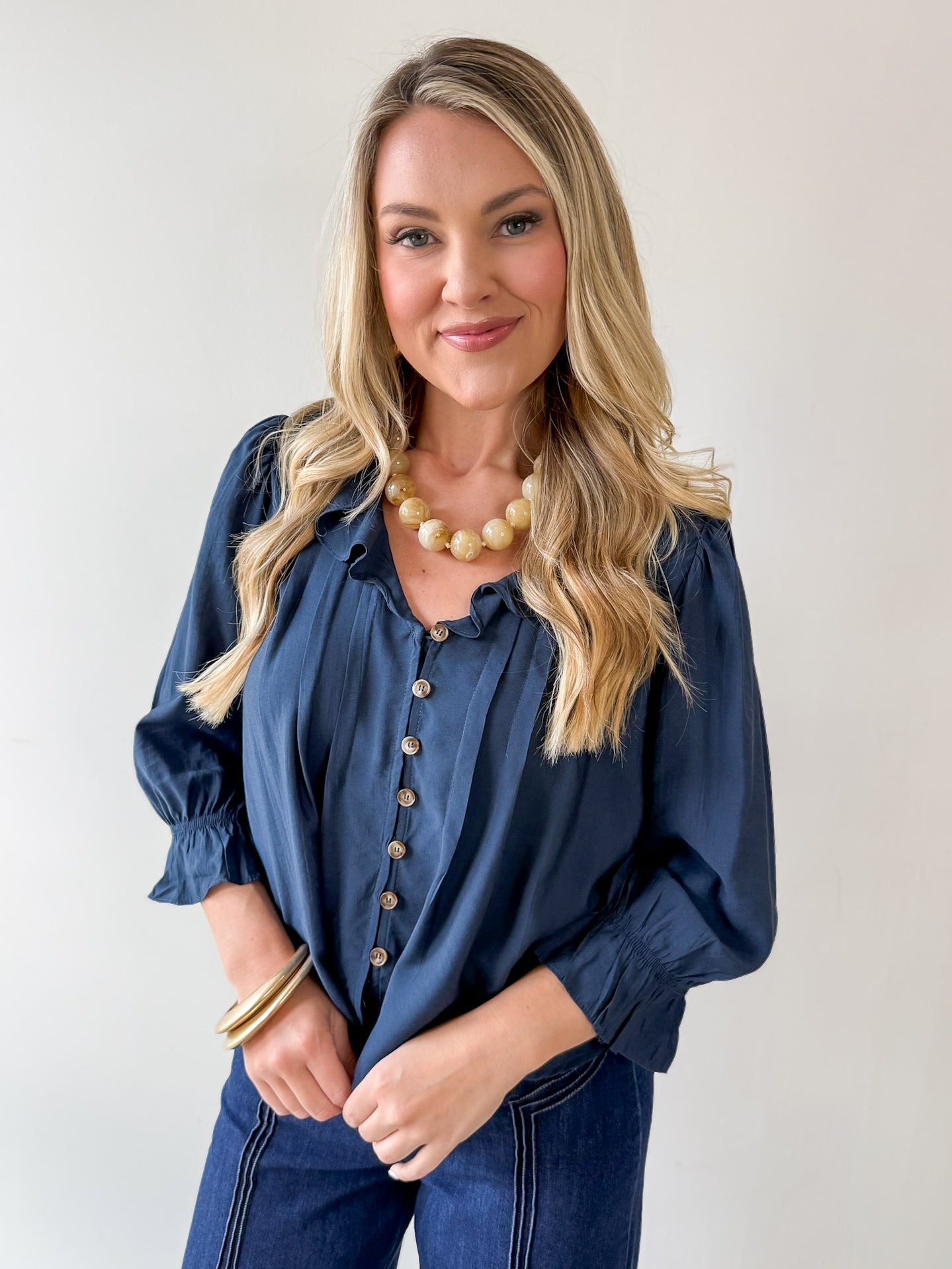Ruffled V Neck Button Blouse - Navy