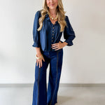 Ruffled V Neck Button Blouse - Navy