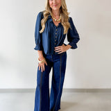 Ruffled V Neck Button Blouse - Navy